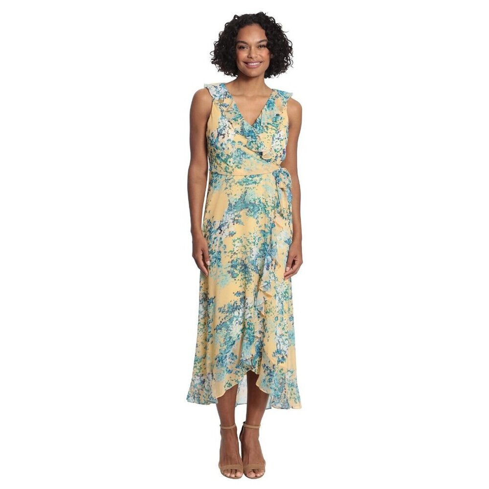 London Times Size 8 Yellow Floral Ruffle V-Neck Faux Wrap Hi-Lo Maxi Dress NEW